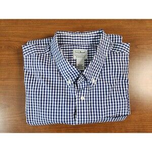 L.L. Bean Mens Short Sleeve Button Down Gingham Check Blue & White Shirt Size XL